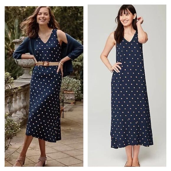 New J.Jill Women’s Flounced-Hem Midi Dress Navy Blue Polka Dot Sleeveless Sz M - Picture 1 of 11